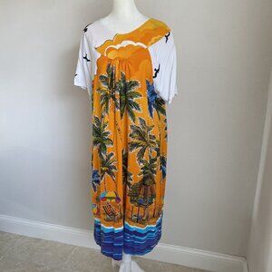Batik Citra Ayu Womens One Size Orange Blue Beach Palm Tree Birds Tropical Dress